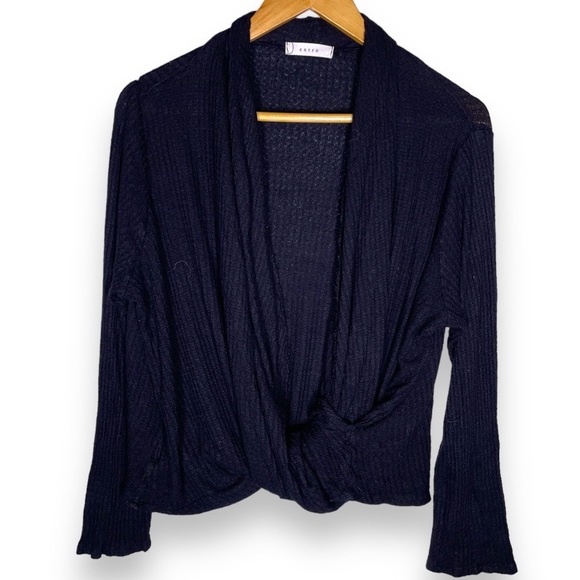 Entro Black Waffle Knit Twist Front Surplice Draped Top - Picture 1 of 4